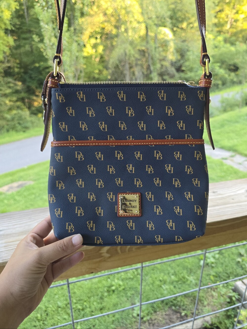 Dooney & Bourke Navy with Brown Trim Logo Crossbody